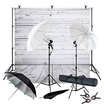 Julius Studio Wood Floor Backdrop Muslin with Umbrella Lighting Kit, Background Support Stand, Bulb,
