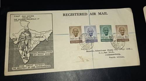 Gandhi First Day Cover (Missing S) 1948 15 August Bombay Rare Air Mail Registered South Africa