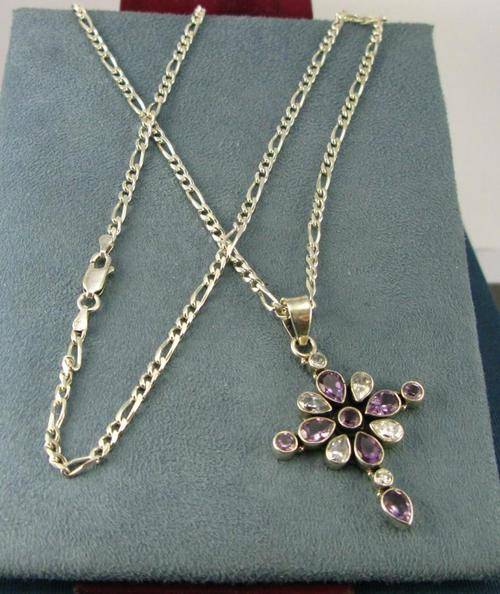 Vintage 925 Silver Cross with Amethysts and Italian Silver chain