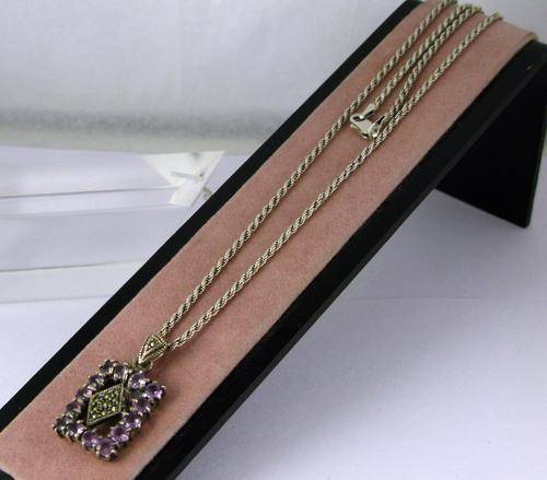 Beautiful Old 925 Silver Pendant with Amethyst & Marcasites + Silver Chain. Made in Italy.