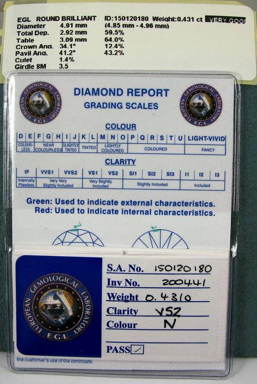 Natural Round Brilliant Cut Diamond E. G. L. Certificate 0,431 Carat N VS2.