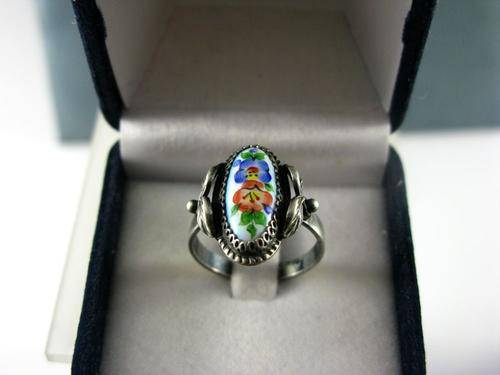 Old Vintage Original Russian Enamel Silver Ring. Hand Made, Hand Painted. Rostov City Russia.