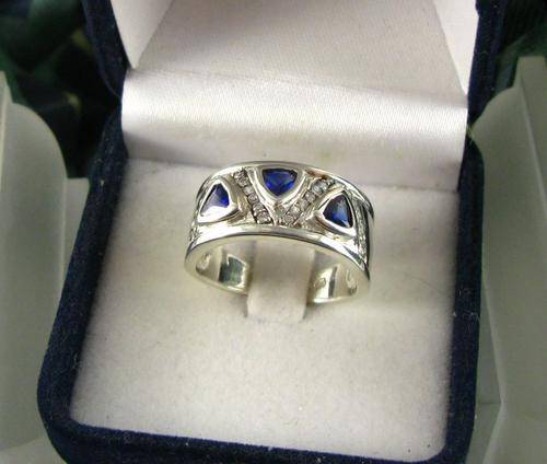 Unusual Wide Vintage 925 Sterling Silver Cluster Ring with Sapphires & CZ. Hand Made.