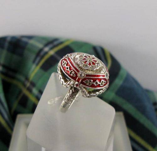Traditional Russian Faberge Art Guilloche 925 Silver Enamel Jewelry Ring. Hand Made in Russia.