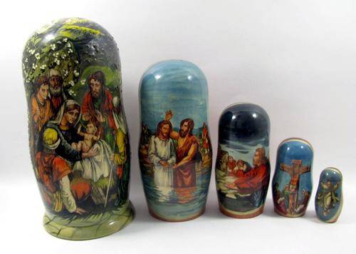 Original Russian "Matryeshka" Babushka Doll Set of 5 with Hand Painted Icons.