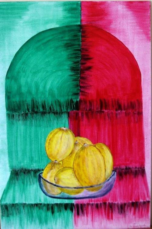 JESSIE MEIER ORIGINAL - LEMONS ON ABSTRACT CUPBOARD - LARGE 40cm x 60cm