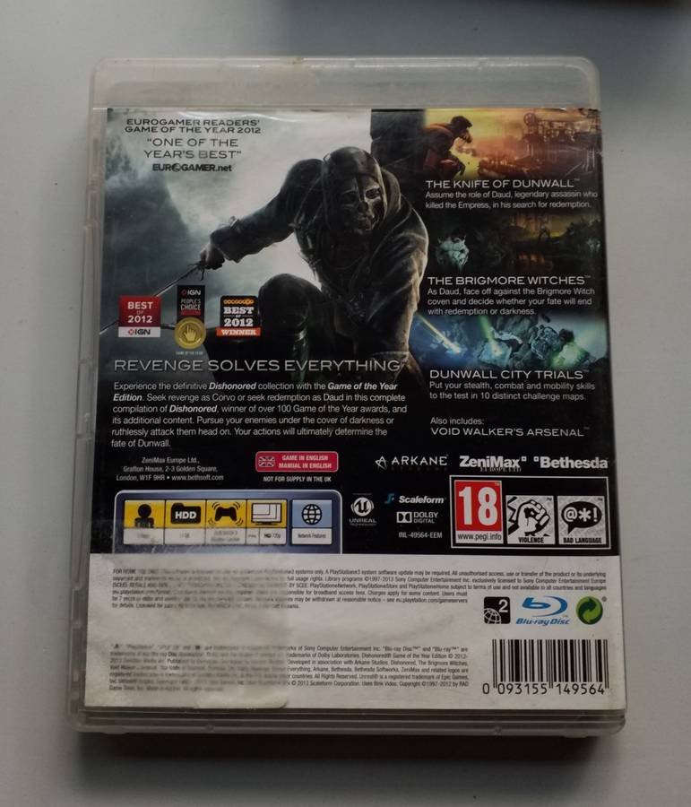 Dishonoured Game of the Year Edition - PS3 - Complete Disc and Manual