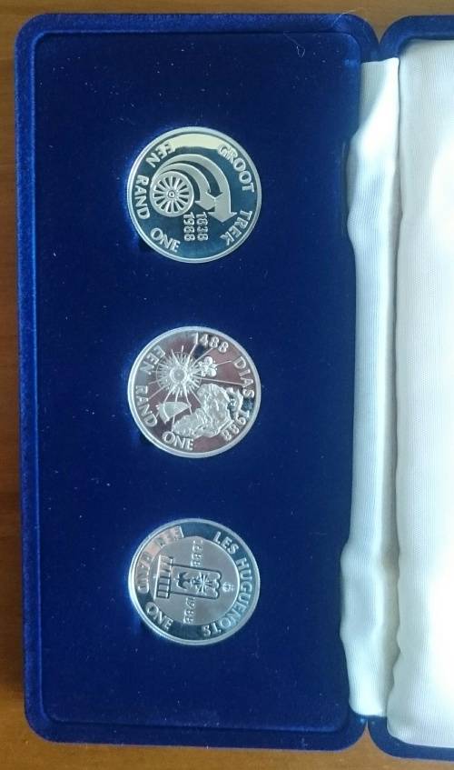 South Africa 1988 silver one Rands proof set GROOT TREK,  BARTOLOMEU DIAS AND LES HUGUENOTS.