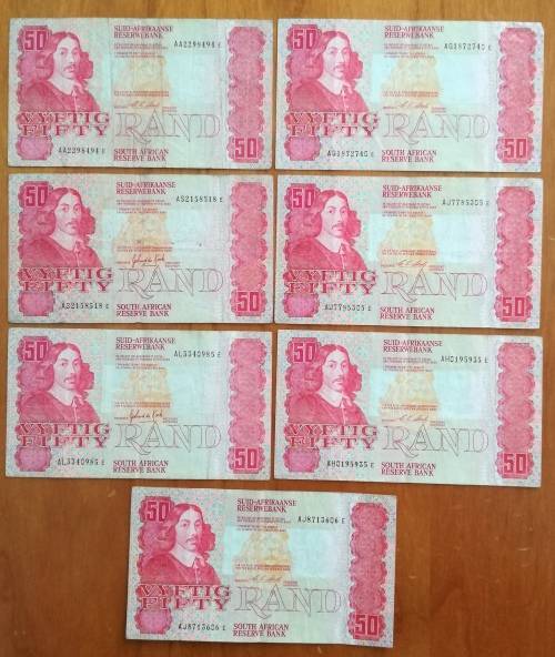 Collection of 7 south Africa R50.00 notes.