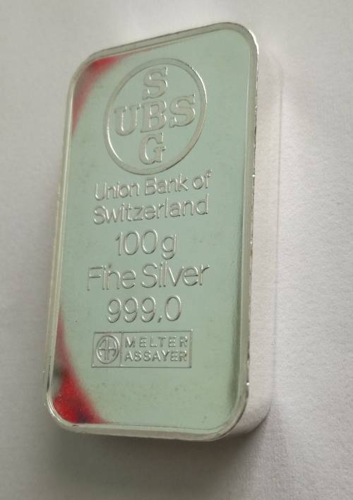 100 G FINE SILVER UNION BANK OF SWITZERLAND BULLION BAR.