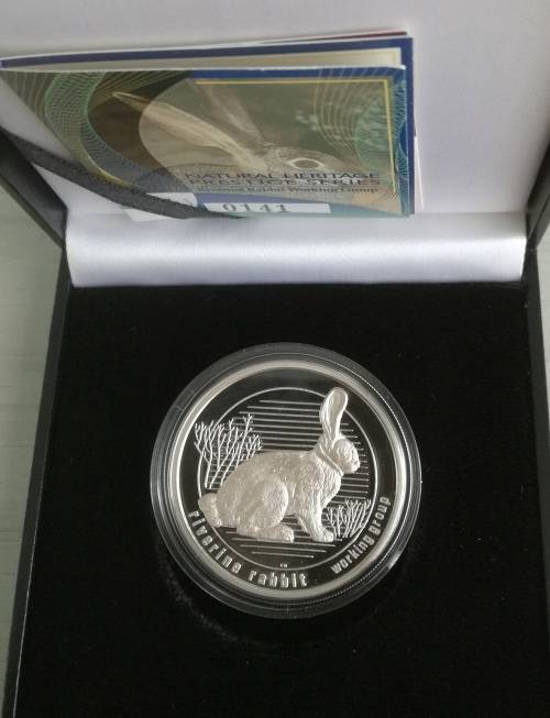 NATURAL HERITAGE PRESTIGE SERIES.  RIVERINE RABBIT STERLING SILVER PROOF COIN.