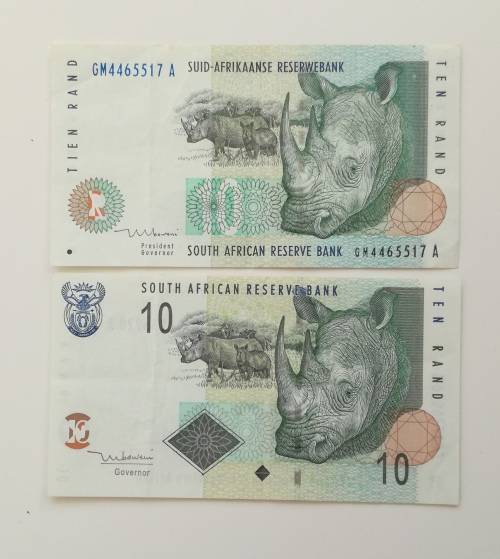 South Africa TT Mboweni collection of 2 old R10 bank notes.