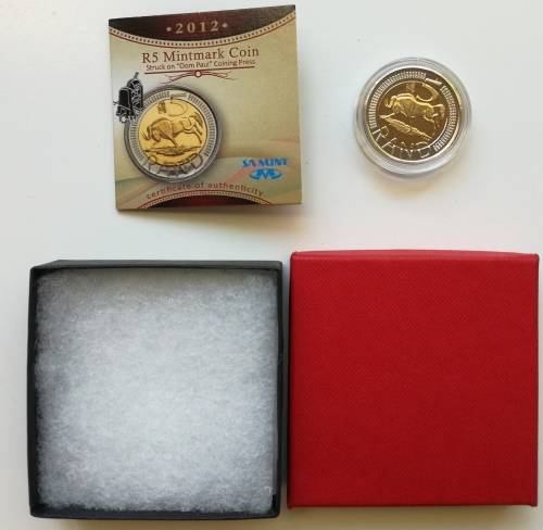South Africa 2012 UNC R5 mintmark coin struck on oom Paul Kruger coin press.