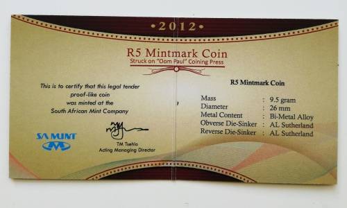 South Africa 2012 UNC R5 mintmark coin struck on oom Paul Kruger coin press.