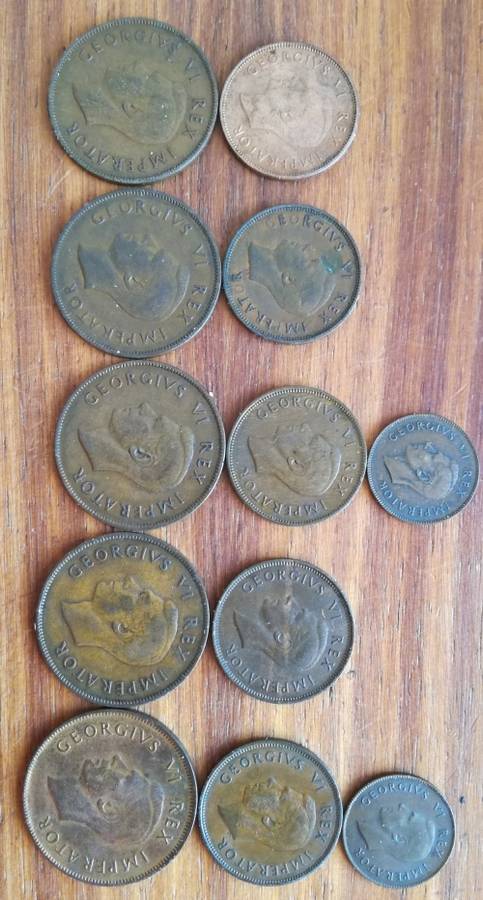 South Africa 1937-1946 Penny to Quarter Penny.(1937+38 Quarter Penny not included. 1940 non minted)
