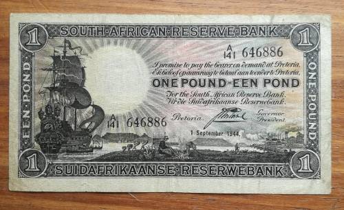 South Africa 1 September 1944 J. Postmus one pound bank note.