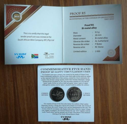 Bicentennial of the coinage of Griqua town 1815-2015 R5