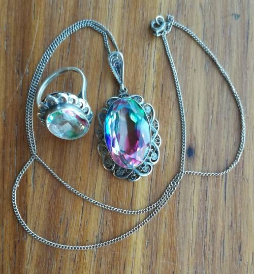 Vintage Antique silver ring with pendant and necklace.