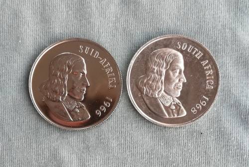 South Africa 1966 Afrikaans and 1968 English Silver One Rand coins.