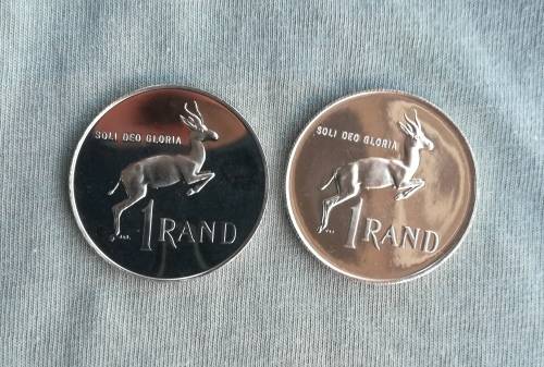 South Africa 1971 and 1972 Silver Proof one rand coins.