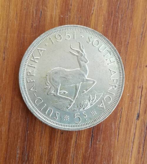South Africa 1951 Silver 5 Shillings. Good condition.