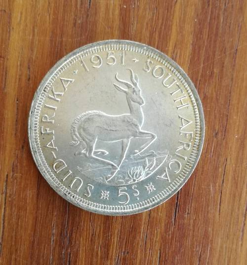 South Africa 1951 Silver 5 Shillings. Good condition.