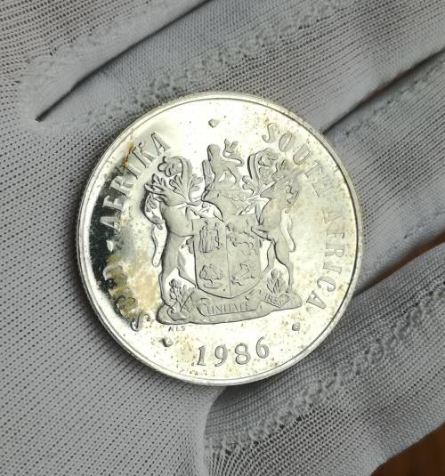 South Africa 1986 Silver Proof Year of Disabled one rand. Beautiful toning.