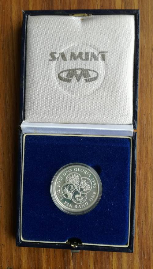 South Africa Silver Proof 1992 Soli Deo Gloria one rand.