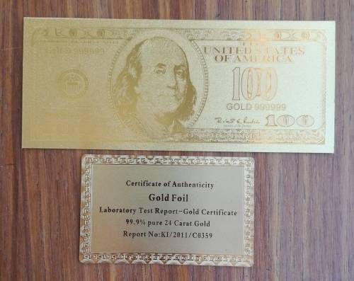 24 CT Gold 100 American dollar bill with certificate.