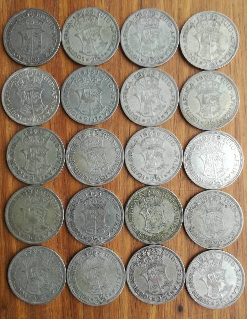 South Africa collection of 20 Silver Half Crowns. 278.64 Grams.