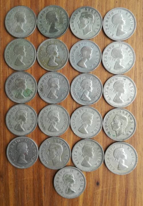 South Africa collection of 21 Silver Half Crowns. 292.44 Grams.
