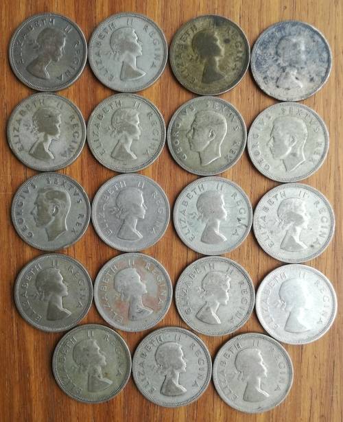South Africa collection of 19 Silver Half Crowns. 263.75 Grams.
