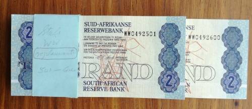 South Africa C.L. Stals 100 Consecutive number Replacement Two Rands. WW0492501-WW0492600