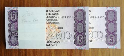 South Africa CL Stals 100 Consecutive number Five Rands. AU4844501-AU4844600