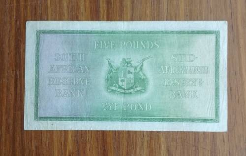 South Africa Postmus 30 November 1937 Old Five Pounds Bank note. (976)