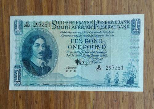 South Africa M.H. de Kock 19.7.56 Een Pond Bank note. (351)