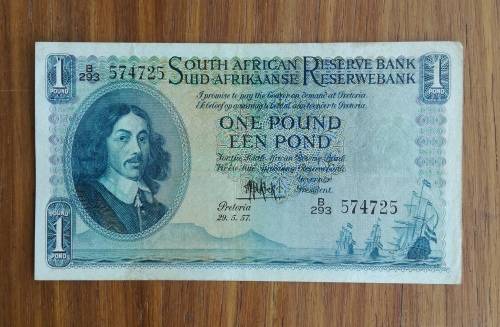 South Africa M.H. de Kock 29.5.57 One Pound Bank note. (725)