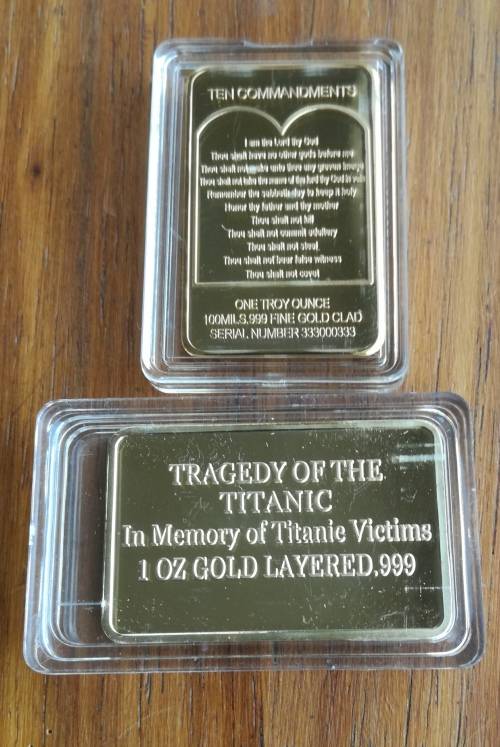 Jesus Christ and Titanic 1 OZ Gold Layered .999 Ingots.