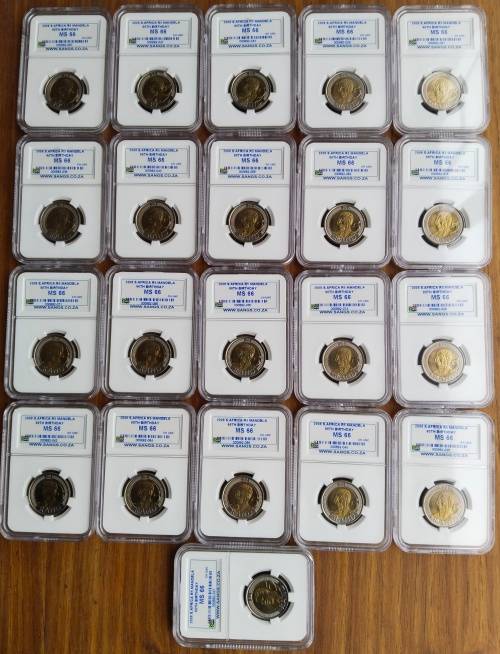 Mandela 21 X MS66 ( 90TH Birthday R5 coins) One bid takes all.