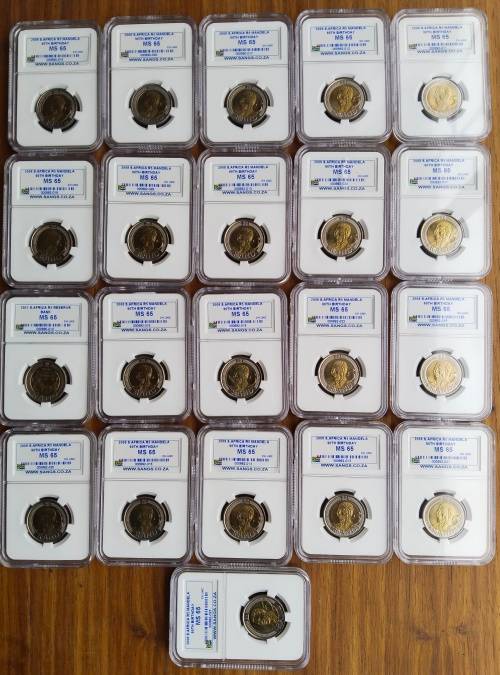 Mandela 21 X MS65 ( 90TH Birthday R5 coins) One bid takes all.