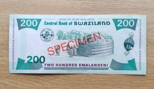 SPECIMEN SWAZILAND 200 EMALANGENI BANK NOTE. NICE ITEM!!