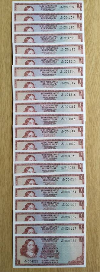 South Africa 21 UNC Low Consecutive Number De Jongh R2 Bank Notes. (208-228)