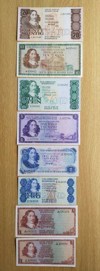 South Africa UNC de Jongh Set of 8 Bank Notes. Great Set!!