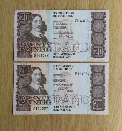 South Africa 2 UNC Consecutive number de Kock R20 Bank Notes. (087-088)