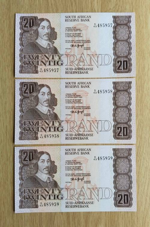 South Africa 3 UNC Consecutive number de Jongh R20 Bank Notes. (937-939)