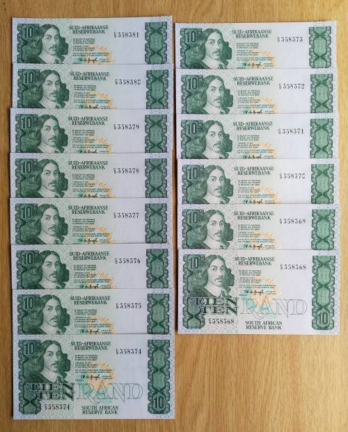 South Africa 14 UNC Consecutive number de Jongh R20 Bank Notes. (368-361)