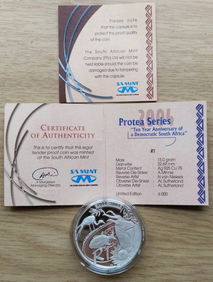 South Africa Protea Silver Proof 2004 The Year of Democracy R1