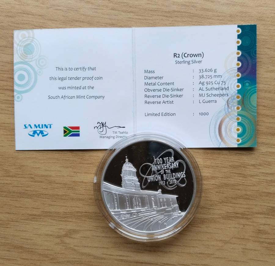 South Africa 100 Year Silver Proof Union Buildings R2
