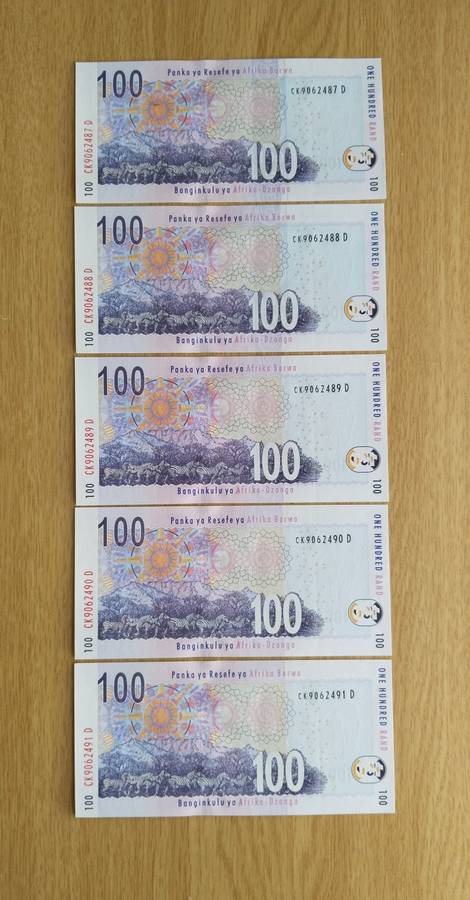 South Africa Gill Marcus 5 Consecutive Number R100 Bank Notes (487-491)