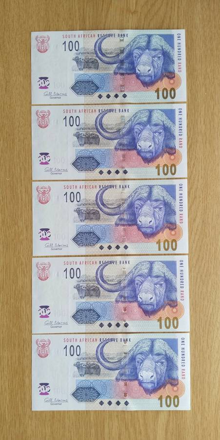 South Africa Gill Marcus 5 Consecutive Number R100 Bank Notes (487-491)